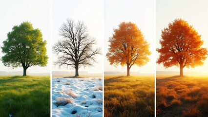 Single Oak Tree in Four Seasons, Spring, Summer, Autumn, Winter - Vibrant Nature Photography