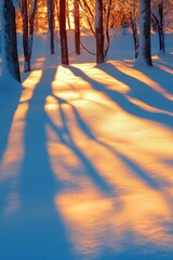 Serene winter landscape with long shadows and golden sunlight.