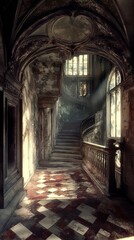 Fototapeta premium Sunlit Decay: Exploring a Grand Old Building's Ruins