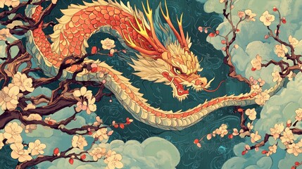 A Majestic Dragon Soaring Amidst Cherry Blossoms