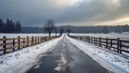 Naklejka premium Winter Wonderland Road to Equestrian Center, Snow-Covered Landscape Photography