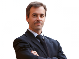 Confident businessman in a black suit with a subtle smile, isolated on transparent or white background