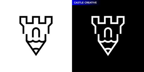 Creative castle logo. Pencil, education, kingdom, defense. Icon symbol design template EPS 10.