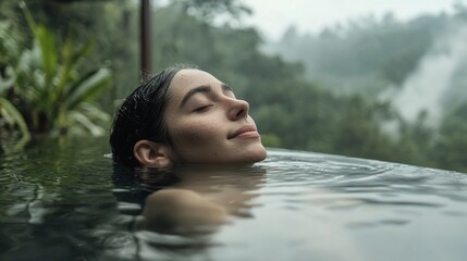 Fototapeta premium Woman relaxing in a natural pool, enjoying serene rainforest views.