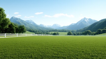 Obraz premium Serene landscape with mountains, green fields, and a white fence.