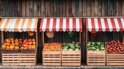 Communitycentered rural market with small, individual stalls surrounding a central garden, promoting local produce