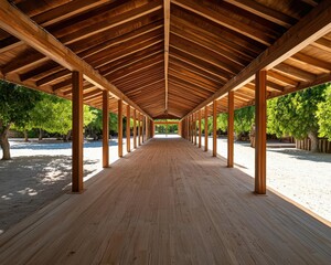 Wooden pavilion rural market with open sides for airflow and shaded areas for local artisans and farmers
