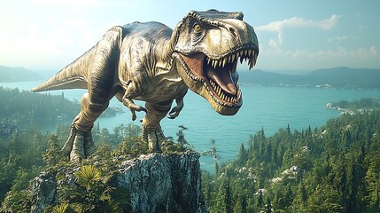 Obraz premium Tyrannosaurus Rex overlooking a scenic lake and islands.