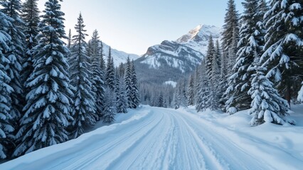 Obraz premium Panoramic Winter Wonderland, Snow Covered Road Winding Through Majestic Evergreen Forest, Snow-Capped Mountains