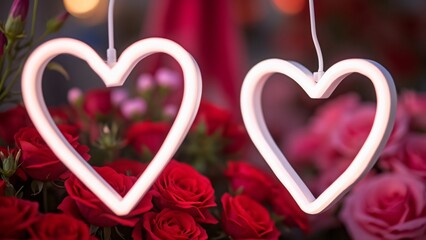 Glowing Neon Heart Lights Hanging Amidst Red & Pink Valentine's Roses, Romantic Valentine's Day Decoration