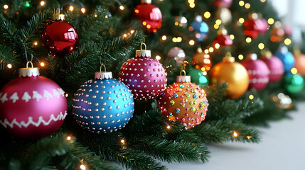 Decorate Festive Christmas Tree with Sparkling Ornaments and Lights