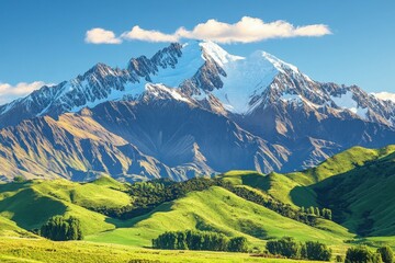 Majestic snow-capped mountains rise above lush green hills under a clear sky.