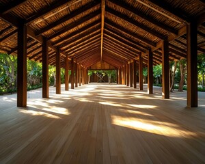 Wooden pavilion rural market with open sides for airflow and shaded areas for local artisans and farmers