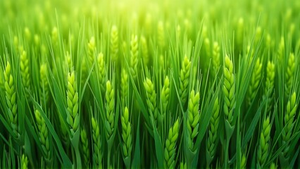 Obraz premium Lush Green Wheat Field Background, Tropical Climate Paddy Field Agriculture Concept, Close-Up Stock Photo