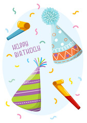 Birthday card with party hats, confetti, and party horn. For card, party invitations, or festive decorations, bringing joy to any celebration