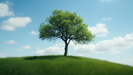 Serene Lone Tree on Grassy Hilltop Under Blue Sky with Fluffy White Clouds, Peaceful Nature Landscape