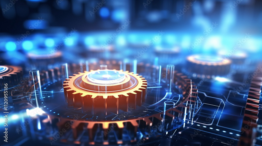 Poster Digital gears on a futuristic tech background, symbolizing productivity, innovation, and advanced technology in a dynamic environment.
