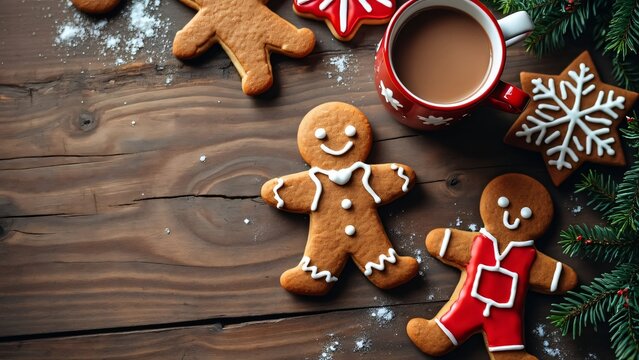 Overhead Cinematic Photo, Festive Gingerbread Cookies, Hot Cocoa, Rustic Wooden Table - Powered by Adobe