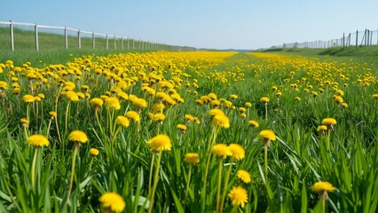 Obraz premium Endless Field of Dandelions, Lush Green Grass, Blue Sky, Wooden Fence - Spring Meadow Landscape