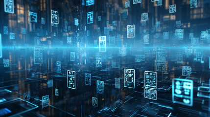 Obraz premium A digital-generated image of abstract AI data chat icons, creating a futuristic wallpaper or background.