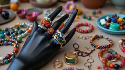 Fototapeta premium Artistic Handmade Jewelry Display, Colorful Beaded Bracelets, Rings on Black Mannequin Hand