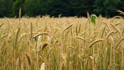Autumnal Wheat Field in Forestville, France, Golden Grain and Lush Green Trees