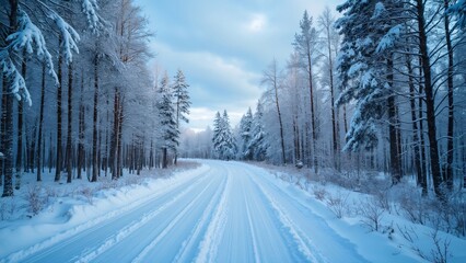 Fototapeta premium Snowy Forest Road near Vitebsk, Russia, Winter Wonderland Scene with Snow-Covered Trees and Serene Blue Sky