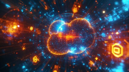 Abstract digital sphere with glowing particles and energy streams.