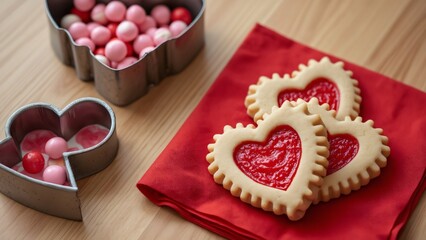 Delicious Valentine's Day Heart-Shaped Cookies with Red Filling, on Red Napkin, Near Candy-Filled Cutter, Wooden Background
