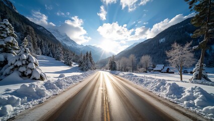Stunning Swiss Winter Landscape, Snow-Covered Road, Majestic Mountains, Sunny Sky