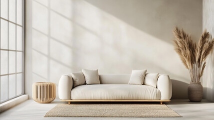 Elegant Minimalist Living Room with Natural Light. A serene minimalist living room featuring a plush sofa, light tones, and decorative plants.