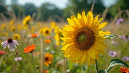 Fototapeta premium Vibrant Sunflower in Wildflower Meadow, Macro Photography of a Blooming Sunflower Surrounded by Colorful Flowers and Tall Grasses, with a Blurred Background of Trees and Sky