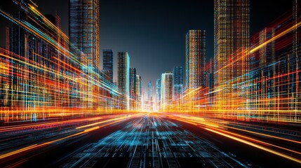 Obraz premium A vibrant cityscape with streaks of light, suggesting motion and technology.