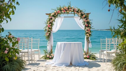 Fototapeta premium Stunning Beach Wedding Arch with Floral Decor, Romantic Ocean View Ceremony Setup