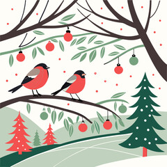  illustration of a Christmas tree and bird