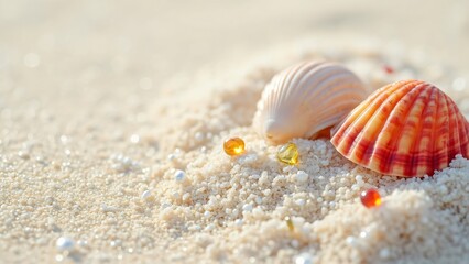 Summer Vacation Beach Scene, White & Red Seashells with Gemstones on Beige Sand