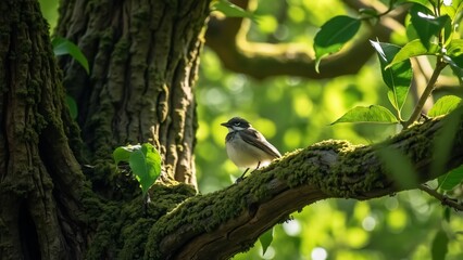 Fototapeta premium Tiny White-Eyed Bird Perched on Ancient Mossy Tree Branch in Lush Green Foliage - Detailed Wildlife Photography