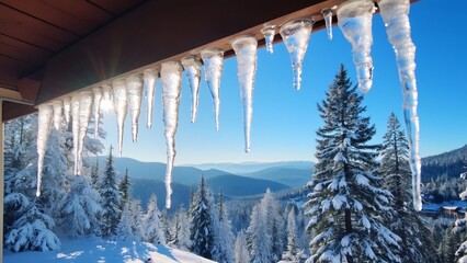 Stunning Winter Wonderland, Icicles Hanging from Eaves, Overlooking Snowy Ski Slopes and Evergreen Forests