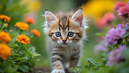 Adorable Fluffy Kitten Exploring Vibrant Garden Flowers, Close-Up of a Cute Kitten's Face Among Lush Greenery