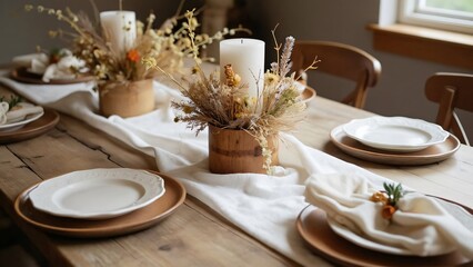 Rustic Autumn Wedding Table Setting, Black Farmhouse Table, White Chairs, Dried Flowers, Pampas Grass, Green Napkins, Wine & Champagne