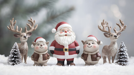 Adorable Christmas figurines! Santa Claus stands between two cute animal friends, flanked by reindeer, all nestled in a snowy scene. Perfect for festive decorations.
