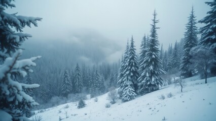 Fototapeta premium Misty Winter Wonderland, Snow Covered Coniferous Forest Hillside, Low Angle View