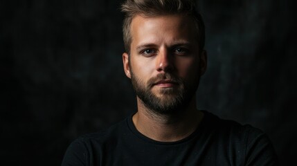 Fototapeta premium Close-up studio portrait of a man with dramatic lighting and a dark backdrop