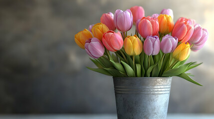 Vibrant Tulips Bloom in Rustic Metal Vase