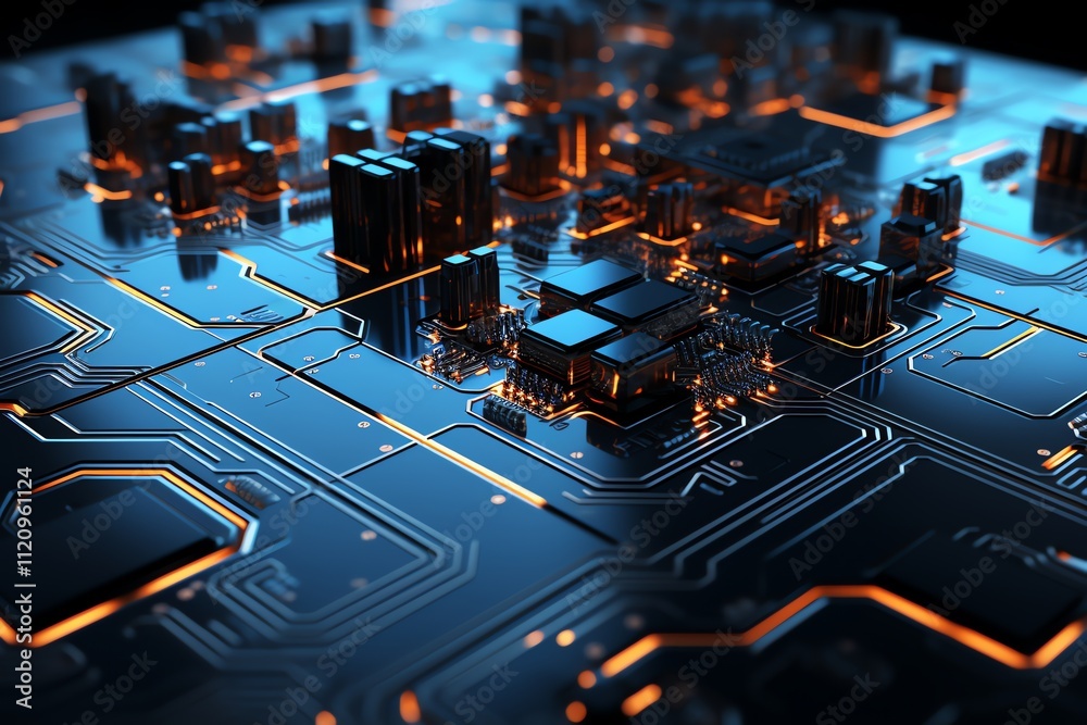 Poster abstract close-up of a circuit board with glowing components.