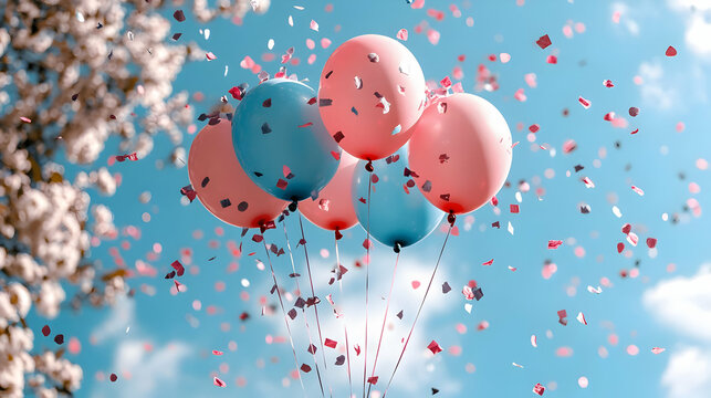 Pink & Blue Balloons Soar, Confetti Falls, Celebration Joyfully!