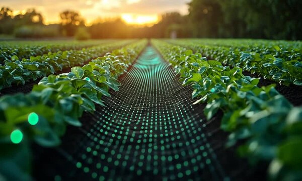 Futuristic agricultural field with digital grid overlay at sunset.