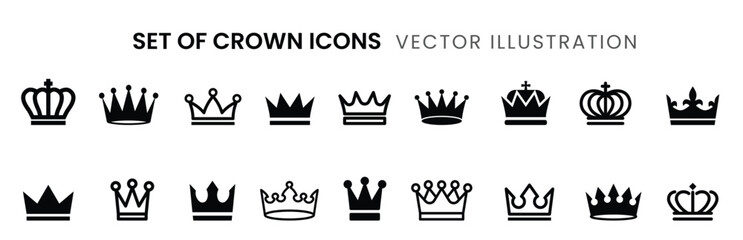 Crown icons. Crown icons set. Linear and silhouette style.