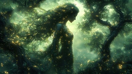 Ethereal figure surrounded by glowing nature 
