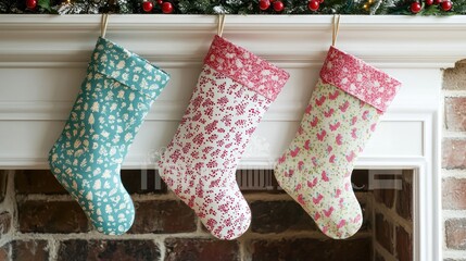 Three colorful Christmas stockings arranged neatly on a mantle, waiting to be filled with surprises